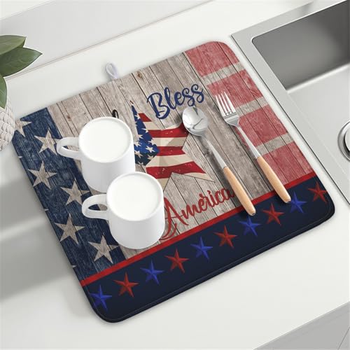 4th of July Dish Drying Mat 16x18 Inch Patriotic God Bless America Memorial Kitchen Mats Independence Day Absorbent Dishes Pad for Kitchen Counter USA Star Drying Mat Home Decor for Countertop