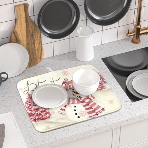 Pink Snowman Dish Drying Mat Xmas Trees Bird Winter Snowy Scene Dish Drainer Mats 16"x18" Microfiber Reversible Dish Drying Rack Pad Protector for Kitchen Countertop Decor