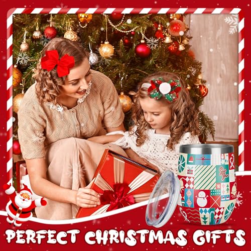 Christmas Wine Tumbler 12 oz Christmas Stainless Steel Wine Glass with Lid and Straw Stemless Double Wall Insulated Wine Cups Keeping Cold & Hot for Holiday Xmas Wedding Party Gifts