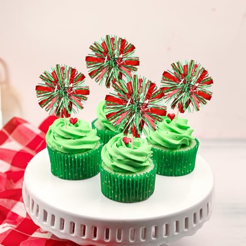 30Pcs Foil Firework Cupcake Toppers Sparkle Tinsel Drink Birthday Cake Decorations Cocktail Food Fruit Toothpick for New Years Wedding Birthday Party Decorations Red Green (30 Count)