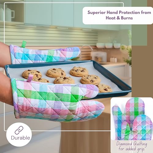 4 Piece Set Gingham Check 2 Oven Mitts & 2 Potholders (4 Count)
