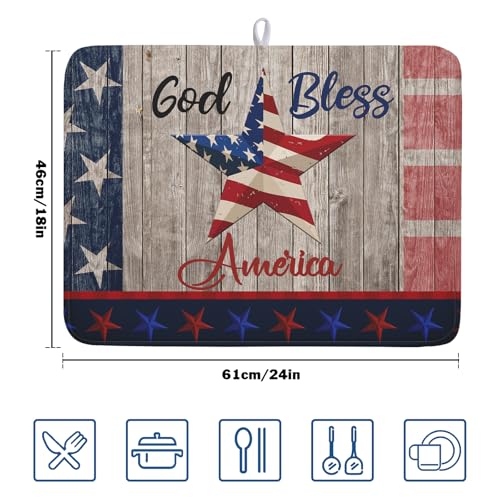 4th of July Dish Drying Mat 18x24 Inch Patriotic God Bless America Memorial Kitchen Mats Independence Day Absorbent Dishes Pad for Kitchen Counter USA Star Drying Mat Home Decor for Countertop
