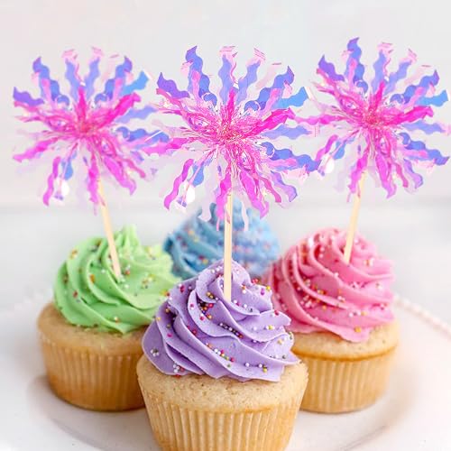 30 PCS Foil Firework Cupcake Toppers Sparkle Tinsel Cupcake Picks Happy Birthday Cake Decorations Drink Stirrers Cocktail Food Fruit Toothpicks for Baby Shower Graduation Party Supplies Rose Red (30 Count)