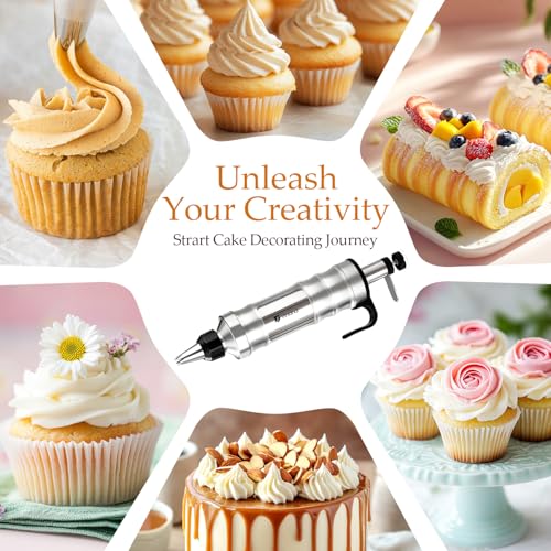 Dessert Decorating Syringe Set Icing Piping Kit Frosting Piping Kit Stainless Steels Cake Decorating Kit with 10 food grade stainless steel piping tips & 50 Disposable Piping Bags Black (63 Count)