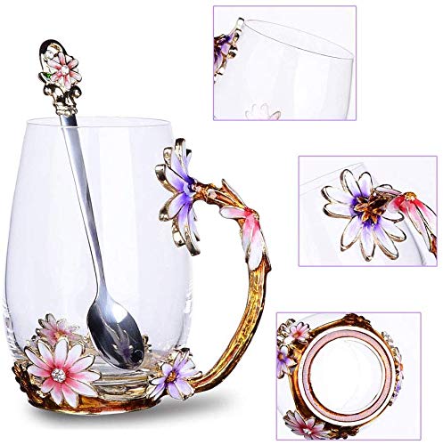 Enamel flower Glass Coffee Mug Tea Cup with Spoon Gifts For Women