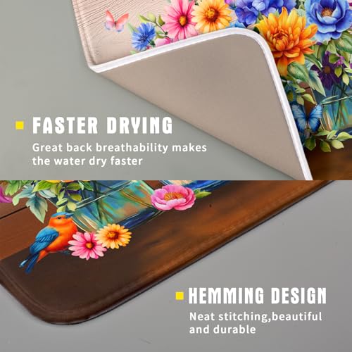 Colorful Flowers Dish Drying Mat for Kitchen Counter 16x18in Spring Summer Flower Vases Dish Mat Drying Absorbent Microfiber Dish Drainer Rack Mats Botanical Floral Dishes Pad for Countertops