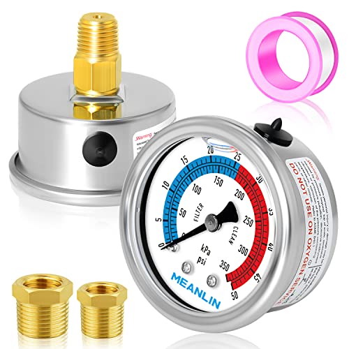 1/4" NPT 0-50psi Pressure Gauge, 2" Dial Glycerine Filled Pool Filter, 304 Stainless Steel Housing, Back Mount, with 1/2" NPT and 3/8" NPT Hex Bushing