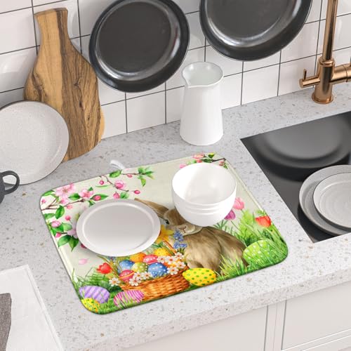 Easter Bunny Colorful Eggs Dish Drying Mat for Kitchen Counter