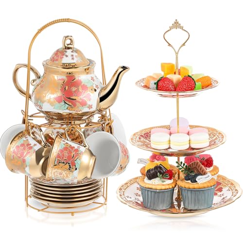 21 Pcs Porcelain Tea Set for Women Tea Party with Metal Holder and 3 Tier Cake Stand Ceramic European Floral Teapot Set for Adults Mother's Day Christmas Thoughtful Gift