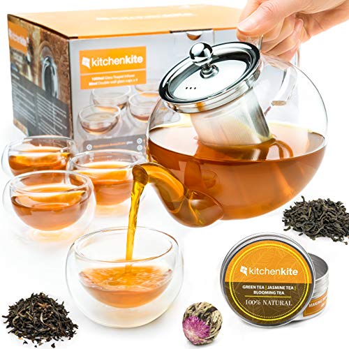 Glass Teapot Set with 4 Double Wall Tea Cups & Removable Stainless Steel Infuser