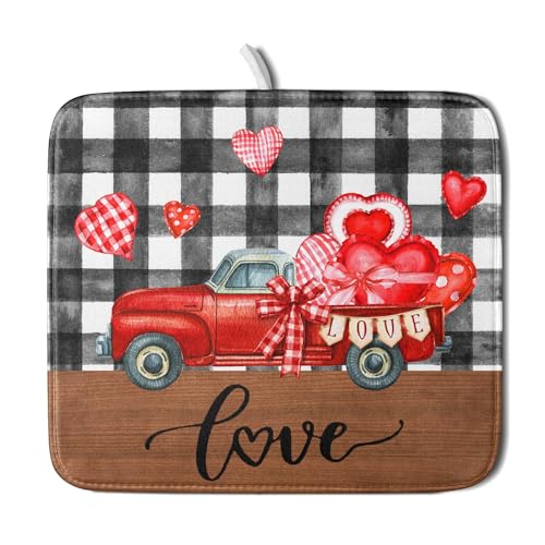 Valentine's Day Red Heart Truck Dish Drying Mat for Kitchen Counter