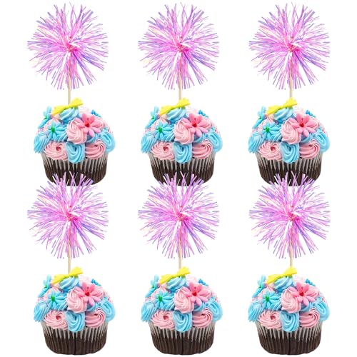 30Pcs Foil Firework Cupcake Toppers Sparkle Tinsel Cake Toppers Tinsel Drink Cake Decoration Cocktail Picks for Birthday Wedding Graduation Party Supplies Laser Rose Red (30 Count)