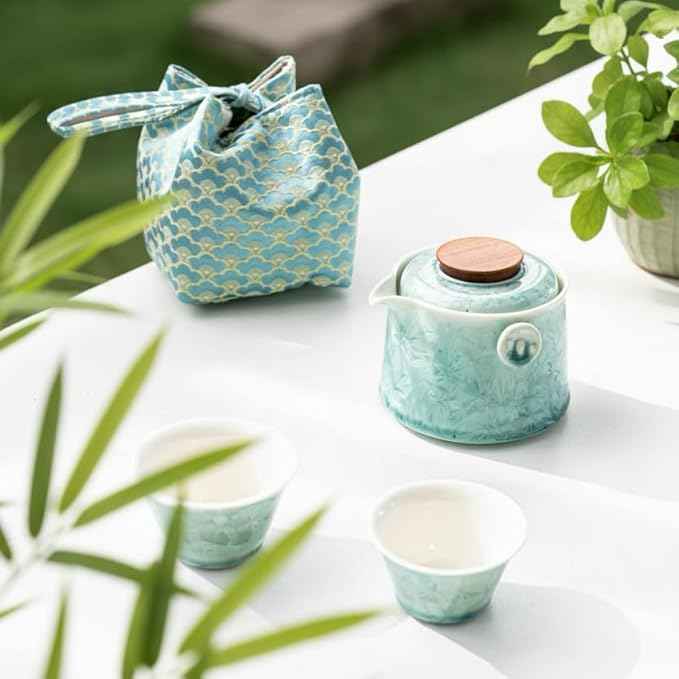 Hermit Life Chinese Travel Tea Set, Portable Ceramic Teapot for One to Two, Gongfu Tea Set with Crystal Glaze, 1 Pot 2 Cups, Gift for Tea Lovers (Mint Green)
