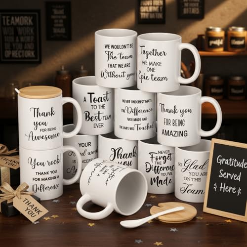 12 Pcs Thank You Coffee Mugs 12oz Ceramic Cups with Lid Spoon (12 Count)