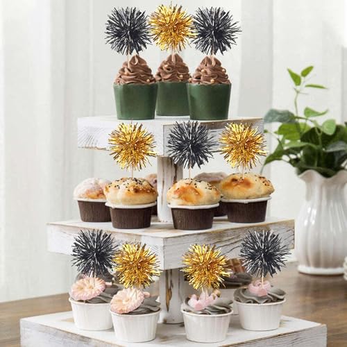 40 PCS Foil Firework Cupcake Toppers Sparkle Tinsel Cupcake Picks Fireworks Birthday Party Decorations Cocktail Fruit Toothpick for Birthday Wedding Graduation Party Decorations Supplies Black Gold (40 Count)
