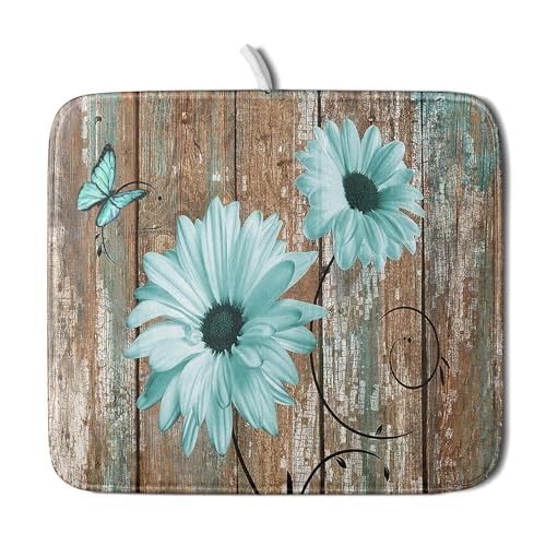 Rustic Daisy Dish Drying Mat for Kitchen Countertop 16x18 inch Fall Teal Sunflowers on Wooden Board Dish Drainer Mats Fast Drying Country Vintage Shabby Chic Flower Dish Drying Pad Cabin Decor