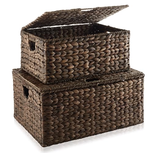 Set of 2 Water Hyacinth Rectangular Storage Baskets with Lids
