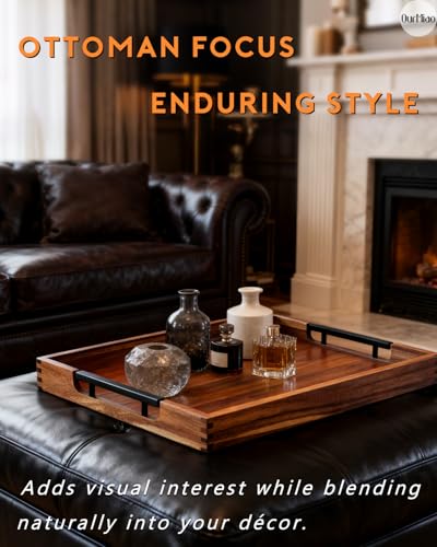 22 Inch Acacia Wooden Serving Tray with Black Metal Handles