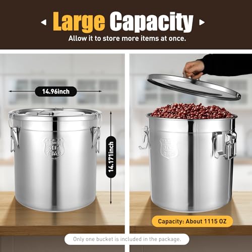 304 Stainless Steel Container 33L Airtight Food Storage Container with Lids & Locking Clips Stainless Steel Bucket for Kitchen
