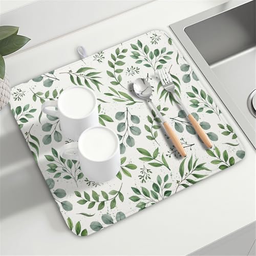 Sage Green Dish Drying Mat 16x18 In Absorbent Reversible Eucalyptus Leaves Plant Drying Mat Green Plant Dish Drying Rack Mat Spring Summer Themed Dish Drainer Mat for Kitchen Counter Coffee Bar