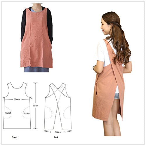 Soft Cotton Linen Apron Solid Color Halter Cross Bandage Aprons Japanese Style X Shape Double Pockets Kitchen Cooking Clothes Gift for Women Chef Housewarming