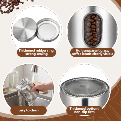 Stainless Steel Coffee Grounds Canisters with Shelf 3 x 20oz Sugar Coffee Bean Storage Container with Airtight Threaded Lid Glass Window Scoop Kitchen Jar Set for Bar Creamer Nut Tea (3 Count)
