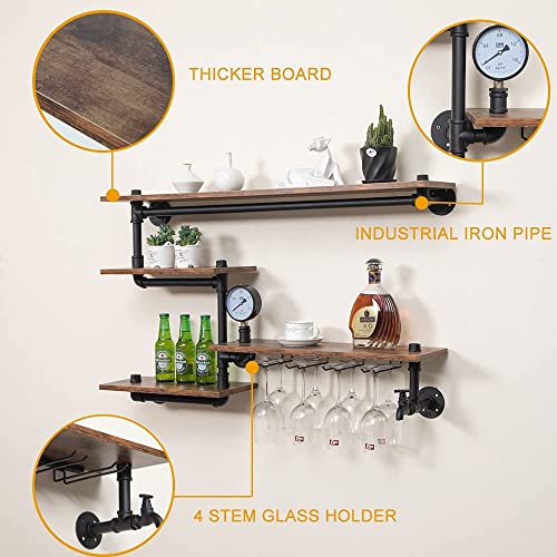 Industrial Pipe Shelves Wine Rack Wall Mounted with 4 Stem Glass Holder