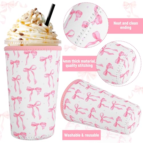 8 Pcs Pink Bow Iced Coffee Sleeve Reusable Neoprene Insulatord Cup Sleeve Coquette Bow Reusable Coffee Insulator Sleeves Holder for Cold Beverages Cups Cold and Hot Drinks