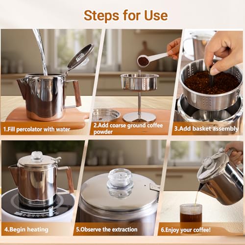 No Coating 6 Cup Percolator Coffee Pot 304 Stainless Steel
