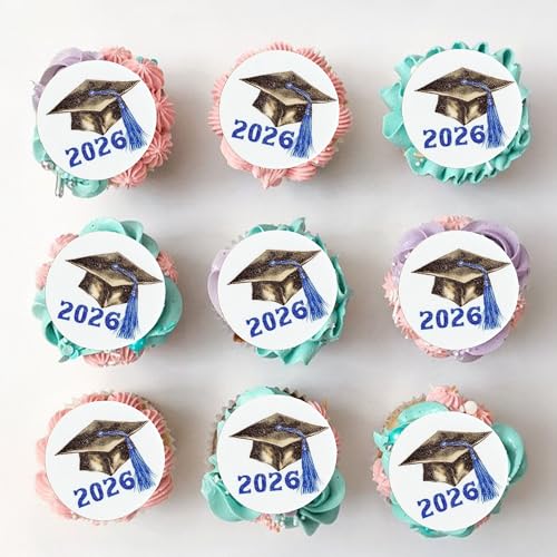 48Pcs Edible 2026 Graduation Cap Cupcake Toppers Wafer Paper Class of 2026 Grad Cap Cupcake Picks for 2026 Graduation Theme Party Cake Decorations Supplies Blue (48 Count)