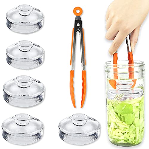 5 Pack Glass Fermentation Weights with Easy Grip Handle and Unique Texture Design for Large Wide Mouth Mason Jars (5 Count)