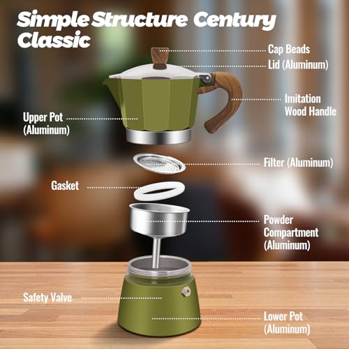 9 Cup Aluminum Moka Pot Classic Stovetop Espresso Coffee Maker 450ml 15oz Coffeemaker Percolator Mocha Pot Greca Coffee Maker Cafe Makers for Italian and Cuban Café Brewing Green