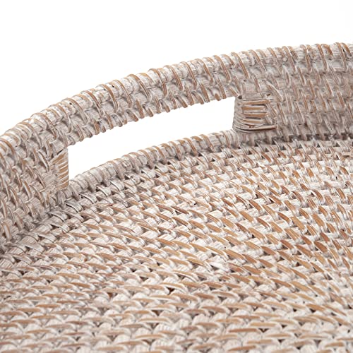 Coffee Table Tray Round Rattan Ottoman Tray Woven Serving Trays with Handles for Home and Kitchen Decorative White