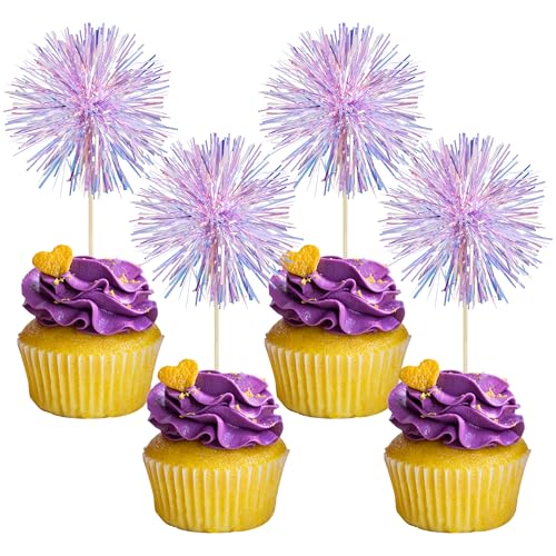 30Pcs Foil Firework Cupcake Toppers Sparkle Tinsel Cake Toppers Tinsel Drink Cake Decoration Cocktail Picks for Birthday Wedding Graduation Party Supplies Laser Purple (30 Count)