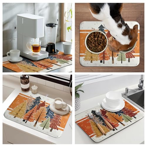 Fall Maple Tree Dish Drying Mats Thanksgiving Dish Mat Colorful Autumn Drying Matt Dishes Dryer Pad for Kitchen Counter Absorbent Microfiber Washable Foldable Reusable 18x24 in