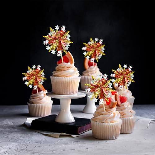 30Pcs Foil Firework Cupcake Toppers Sparkle Tinsel Cupcake Picks Happy Birthday Cake Decorations Drink Stirrers Cocktail Food Fruit Toothpicks for Baby Shower Graduation Party Supplies Gold Red (30 Count)