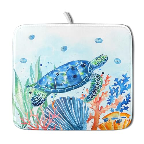 Sea Turtle Dish Drying Mat 16x18in Watercolor Blue Tortoise Dish Drainer Mats Nautical Ocean Coral Seashell Seaweed Microfiber Dish Drying Pad for Kitchen Countertop Small Decor