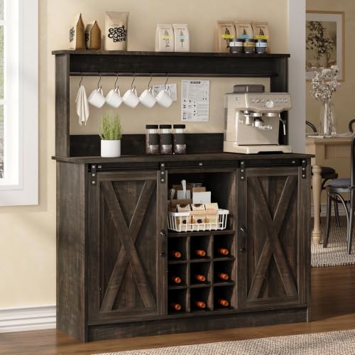 47" Coffee Bar Cabinet with Storage Hutch & Wine Rack