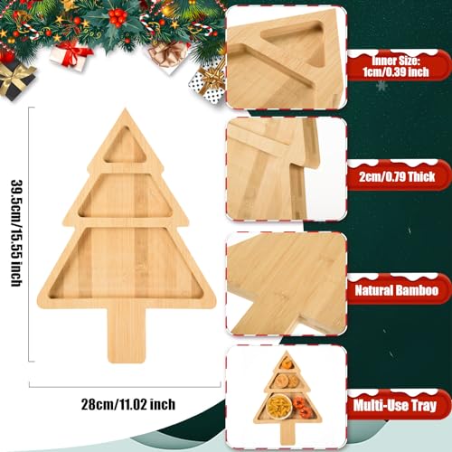 Christmas Bamboo Serving Platter Christmas Tree Shape Wooden Serving Tray Multiple Spaces Charcuterie Board Holiday Decorative Serving Appetizer Platters for Home Candy Snack Salad Food
