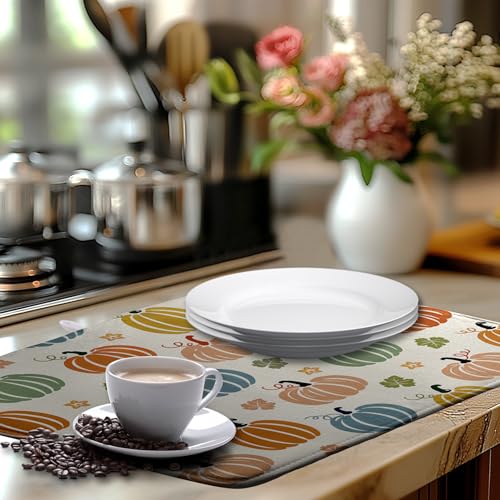 Fall Pumpkin Dish Drying Mats Thanksgiving Dish Mat Autumn Maple Leaves Drying Matt Dishes Dryer Pad for Kitchen Counter Absorbent Microfiber Washable Foldable Reusable 18x24 in