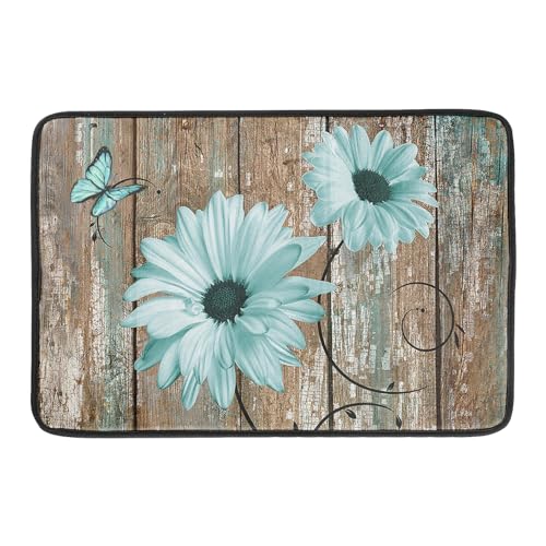 Rustic Daisy Dish Drying Mat for Kitchen Countertop 18x24 inch Teal Sunflowers on Wooden Board Dish Drainer Mats Fast Drying Country Vintage Shabby Chic Flower Dish Drying Pad Decor Large