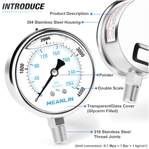 0~4000Psi Liquid Filled Pressure Gauge Stainless Steel with 316 Stainless Steel Joint 1