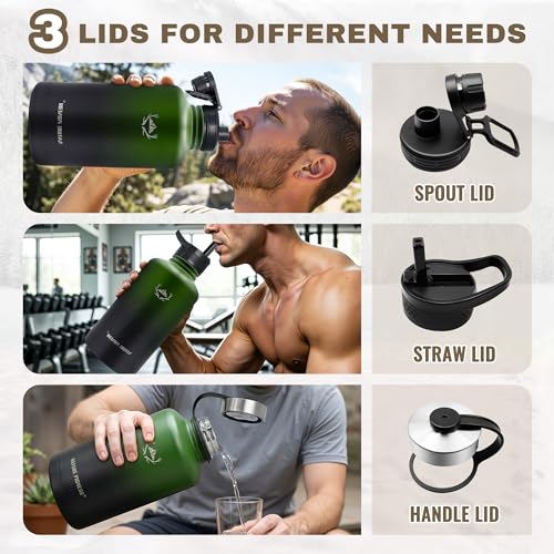 64 oz Insulated Water Bottle with Carrier Bag & 3 Lids