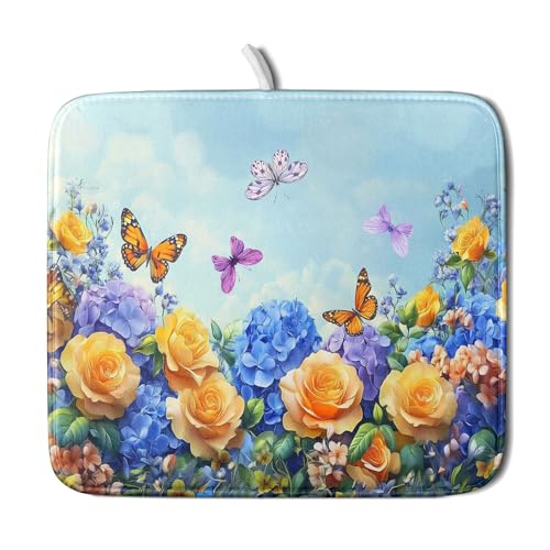 Spring Blue Yellow Hydrangeas Flowers Dish Drying Mat for Kitchen Counter