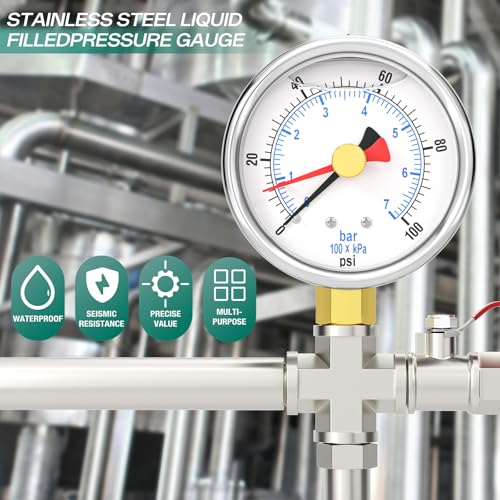 0 100PSI Stainless Steel with Reset Pointer Liquid Filled Pressure Gauge