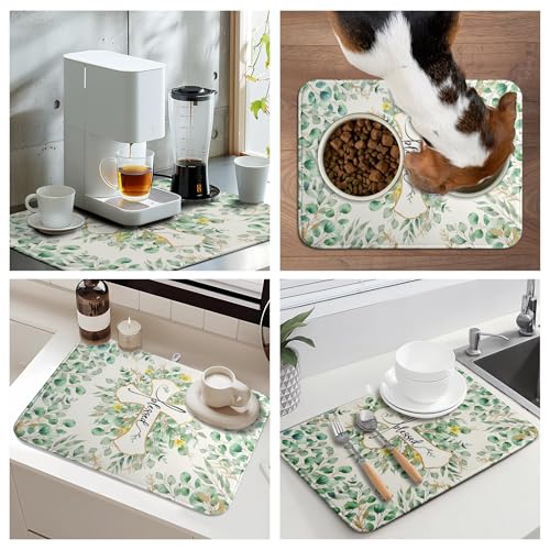 Spring Summer Cross Blessed Dish Drying Mats Spring Eucalyptus Leaves Dish Mat Drying Matt Floral Dishes Dryer Pad for Kitchen Counter Absorbent Microfiber Washable Foldable Reusable 18x24 in