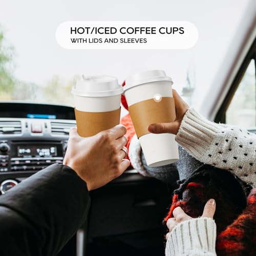 50 Pack 16 oz Disposable Paper Coffee Cups with Lids & Sleeves (50 Count)
