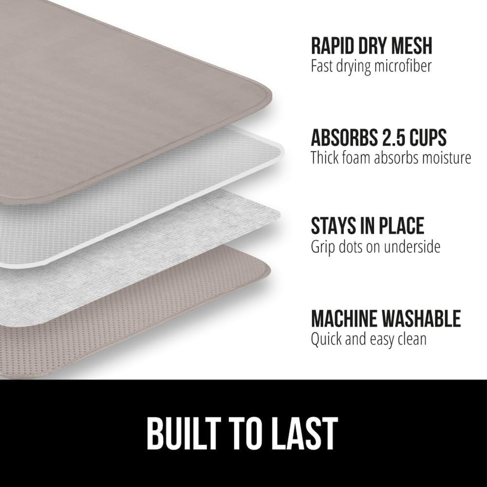 GORILLA GRIP Ultra Water Absorbent Microfiber Dish Drying Mat, 18x24, Quick Dry Thick Mesh, Slip Resistant Pad for Sink Dishes or Under Rack, Kitchen Counter Accessories, Machine Wash, 2 Pack Almond