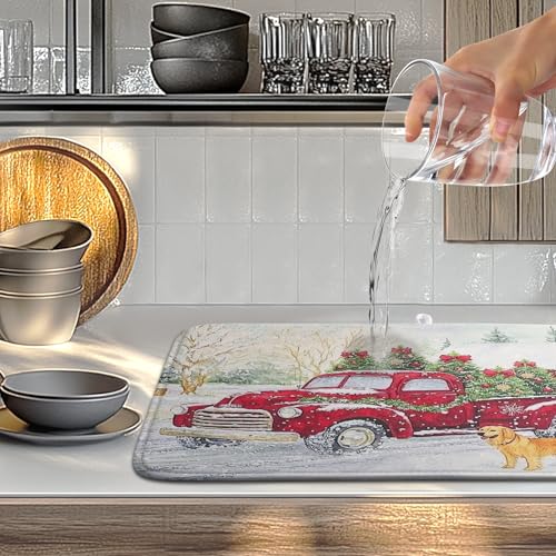 Christma Red Truck Dish Drying Mat Winter Dog Large Kitchen Mats Dish Drying Pad Xmas Tree Vintage Absorbent Dish Dryer Mat for Kitchen Countertops Microfiber Drainer Pad Dish Drying Mats
