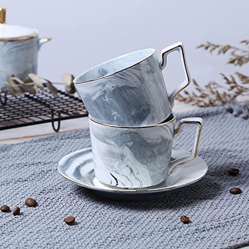 11Pcs Porcelain Tea Set for Adults Coffee Cup and Saucer Sets Gray Coffee Cups Set with Teapot Sugar Bowl